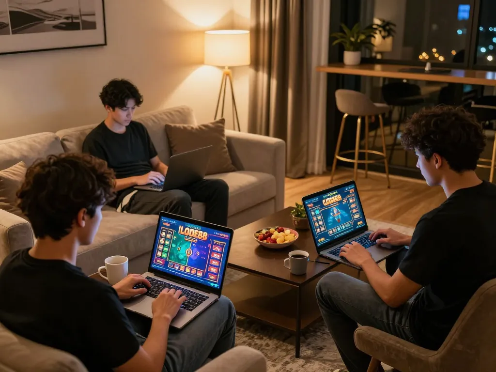 Players strategizing on LODE88 online casino platform from the comfort of their home, showcasing an inviting gaming atmosphere.