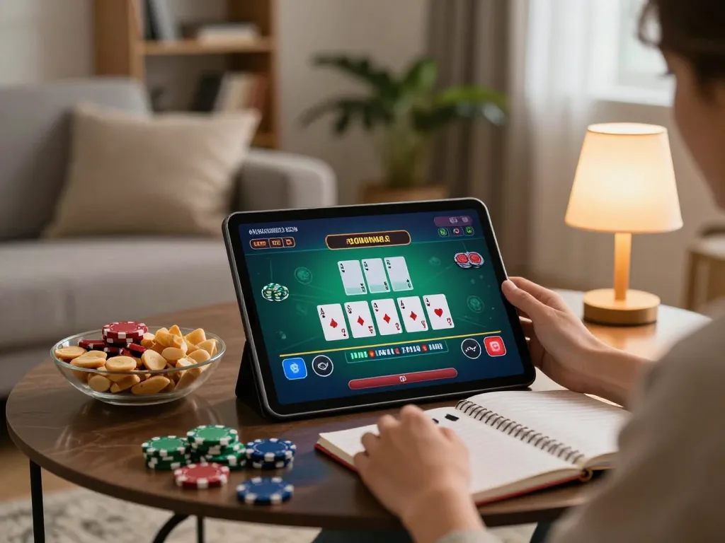 Engaging in strategic online gameplay on a tablet with VB88, showcasing interactive blackjack in a cozy home setting.