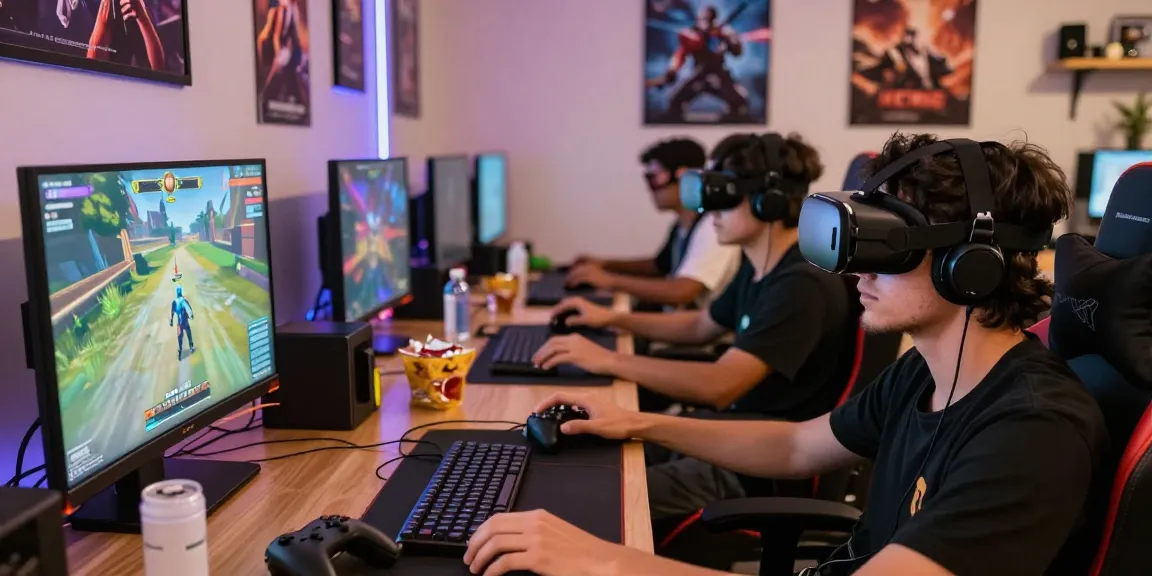 Gamers bermain terjun4d di lounge dengan semangat dan peralatan gaming lengkap.