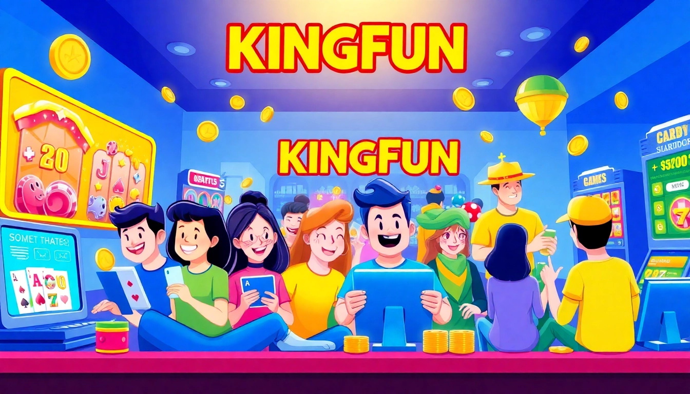 Dynamic gaming scene featuring KINGFUN characters enjoying online slots and card games.