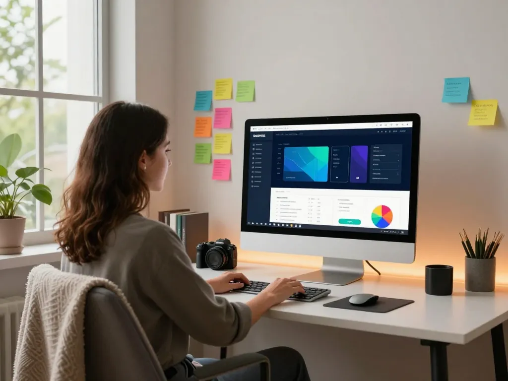 Engaged user utilizing MAKTOGEL interface in a bright, creative workspace.