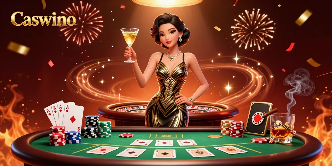 Experience the glamour of Caswino Casino with an elegant Asian woman celebrating at a luxurious poker table.