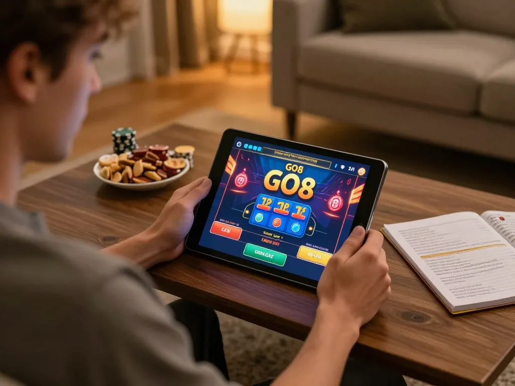 Player enjoying GO8 online casino gaming on a tablet in a cozy living room