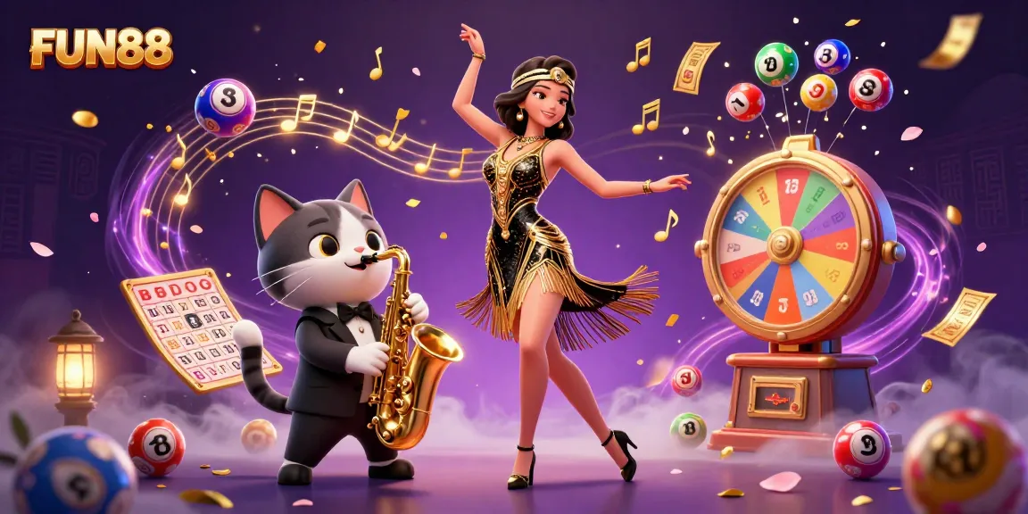 Engaging illustration of FUN88 featuring a flapper woman dancing with a golden saxophone-playing cat, surrounded by vibrant casino elements.