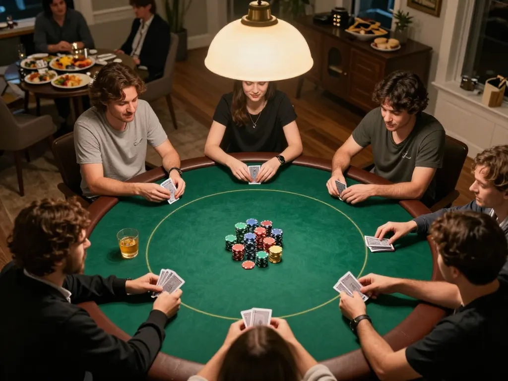 Engaged players in an exciting poker night showcasing 23win đăng nhập at home with colorful chips and cards.
