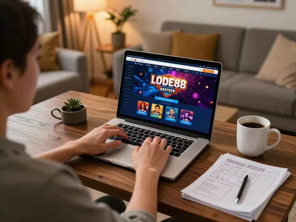 Engaging in online gaming at LODE88 with a laptop and strategy notes, highlighting the home comfort