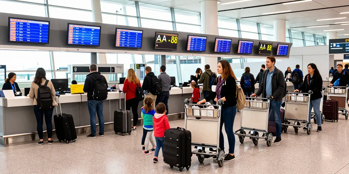 Travelers waiting in a bustling airport terminal for flight AA 88, highlighting the atmosphere of departure.
