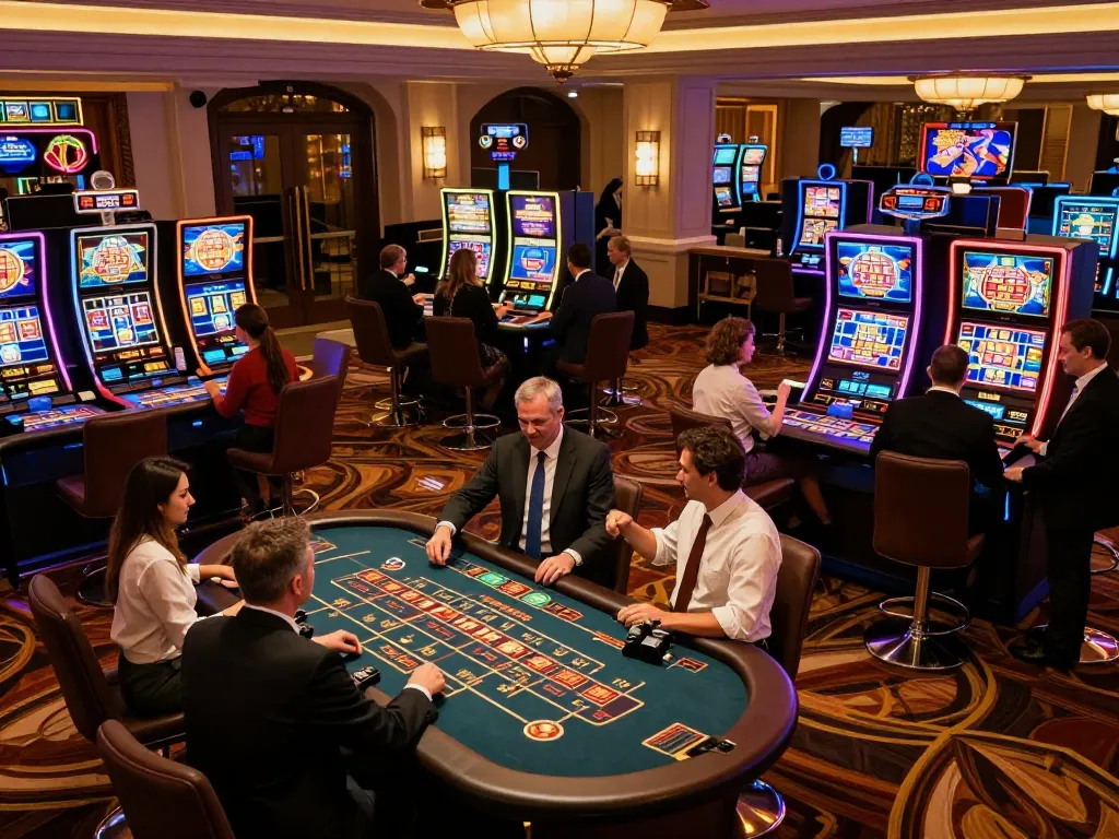 FB88 players engaging in high-stakes games at a luxurious casino, showcasing lively atmosphere and elegant lighting