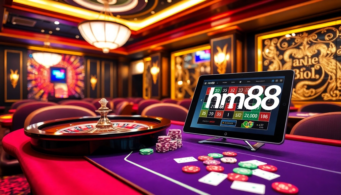Exciting casino scene with gambling elements and hm88 branding, showcasing poker chips and a roulette wheel.