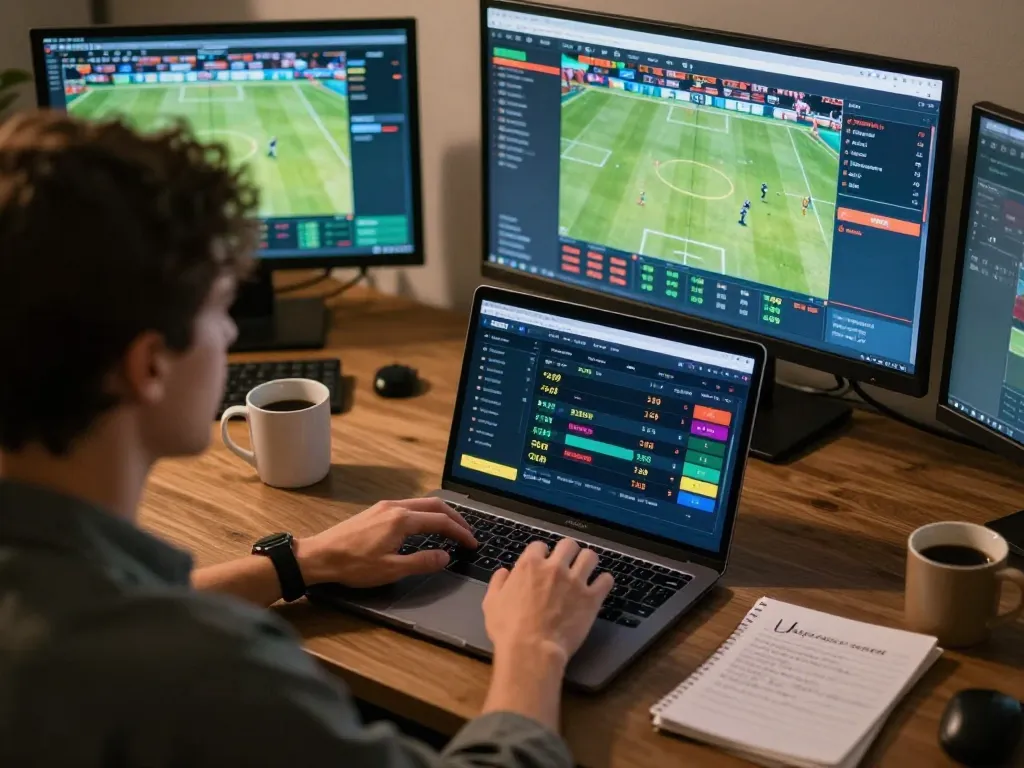 Players enjoying DEBET sports betting on a laptop in a stylish home office setting.