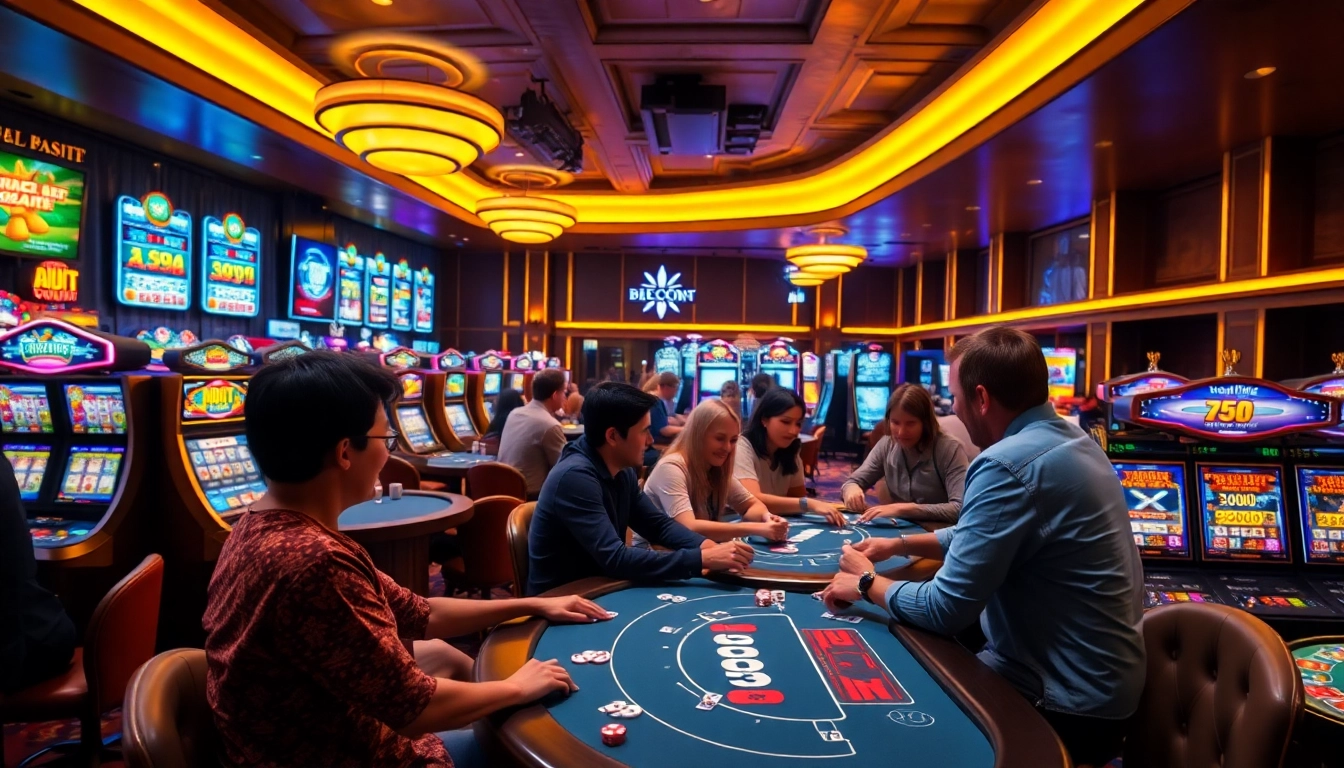 Experience the excitement of uu娱乐 at a bustling casino with vibrant gaming elements and dynamic players.