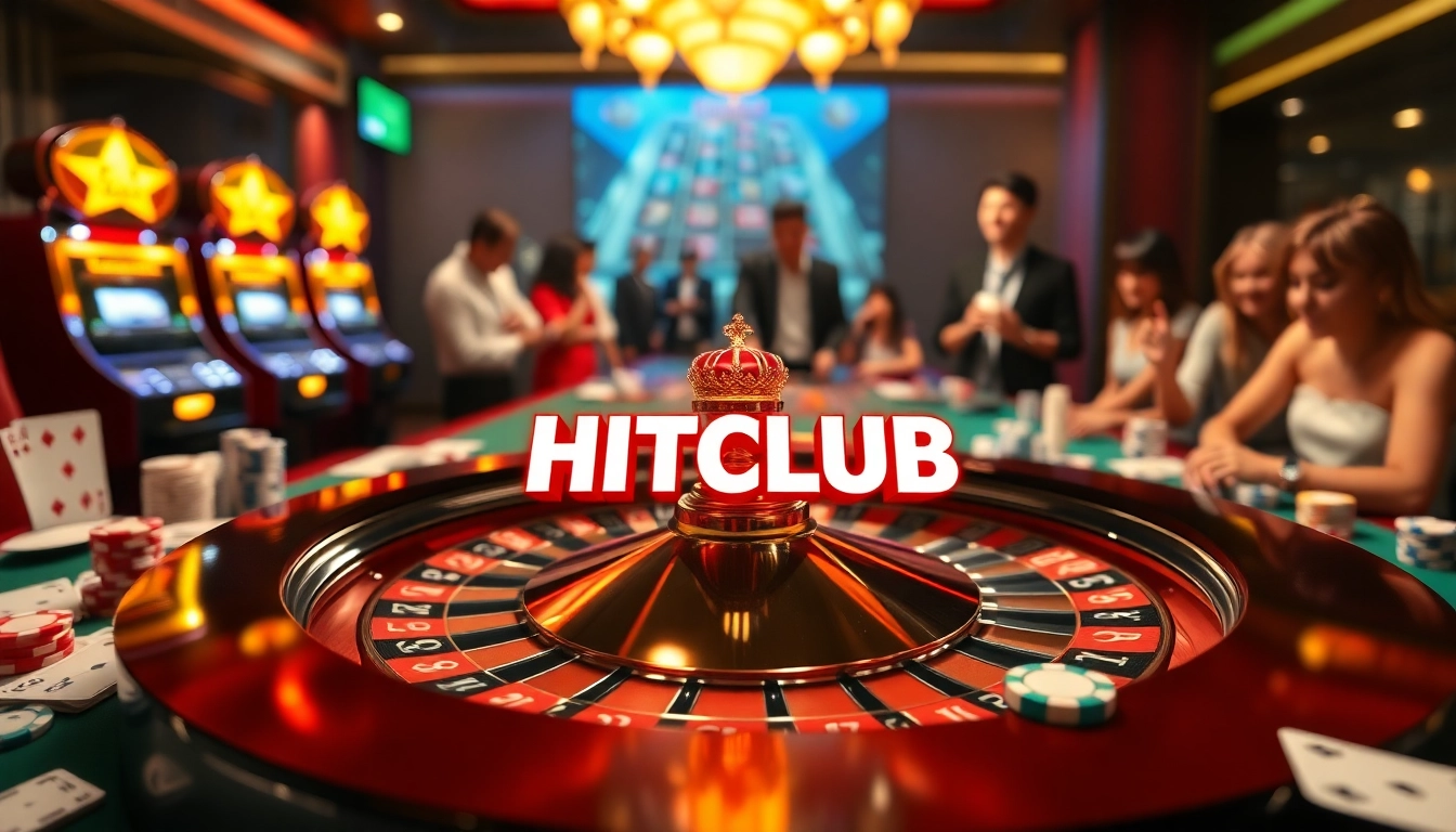 HITCLUB casino scene showcasing roulette, poker chips, and engaging players in a luxurious setting.