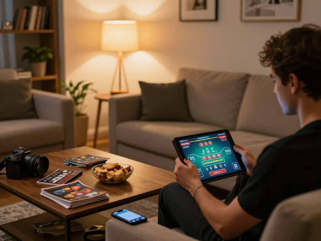 Engaged player using go99 for live dealer blackjack in a cozy home setting