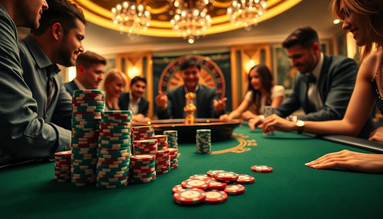 Players betting at TR88's poker table, showcasing vibrant chips in an energetic casino atmosphere.