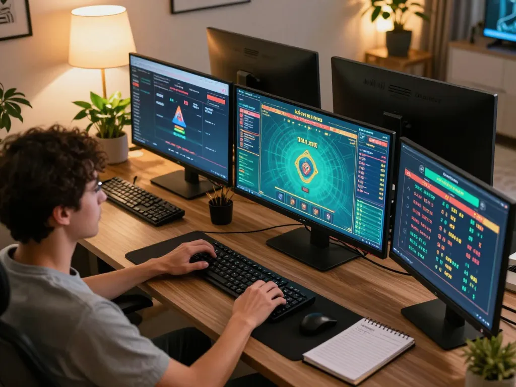 Engaged in tài xỉu online, a player uses dual screens for strategic gameplay in a cozy home office.