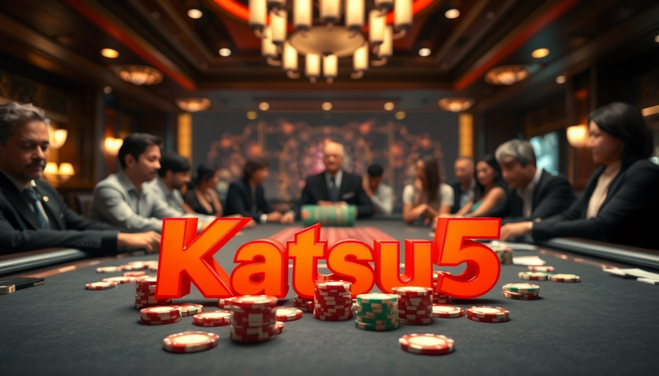 Katsu5 tampil menonjol dalam suasana kasino yang semarak dengan meja yang penuh chip dan pemain yang antusias.
