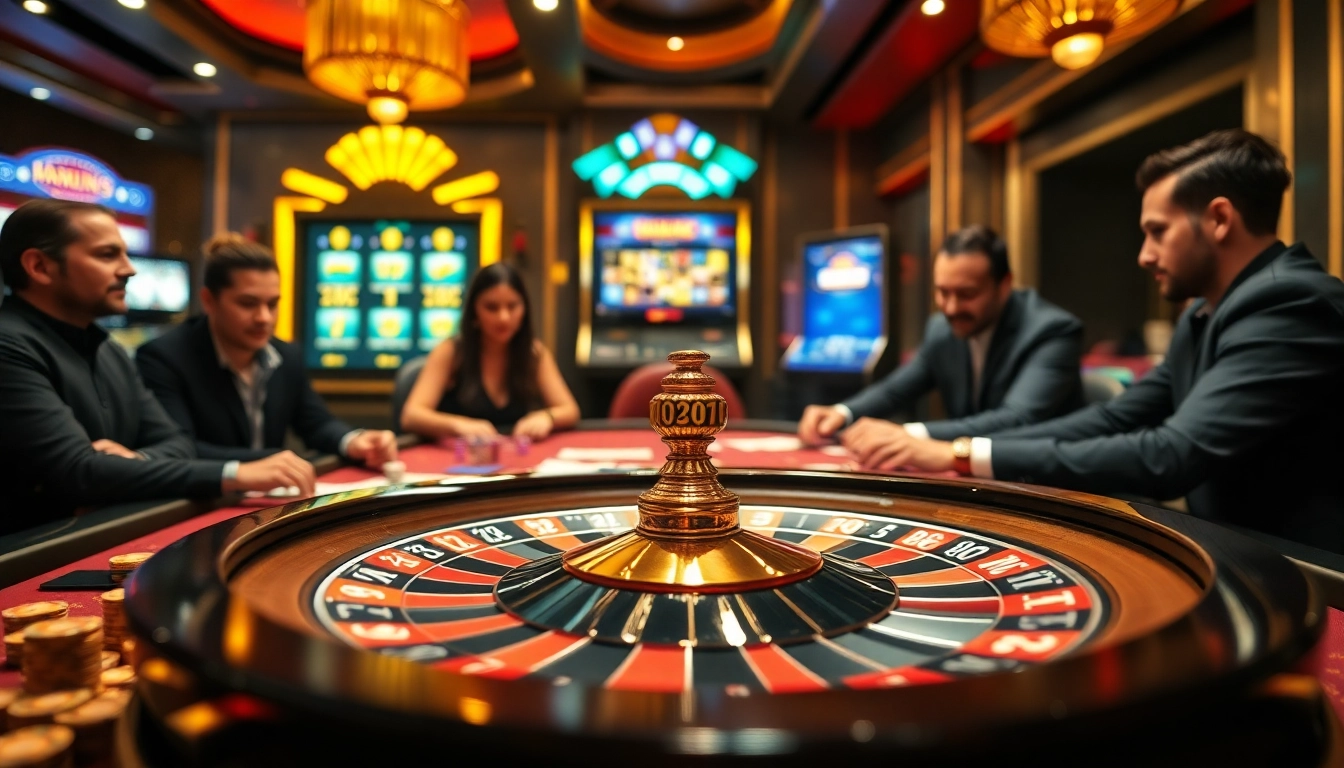 Players enjoying a high-stakes poker game at qh88 in a luxurious casino environment.