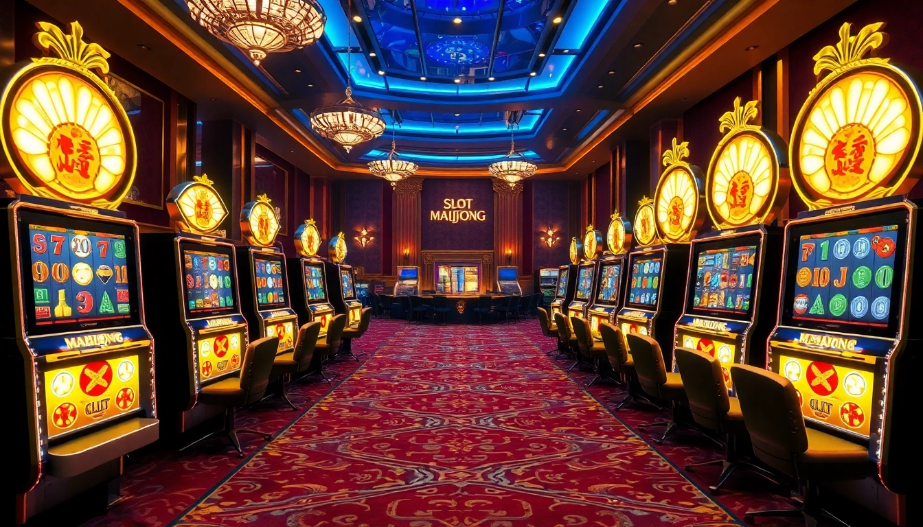 Engaging players interact with Slot Mahjong games on modern casino machines, featuring luxurious surroundings.