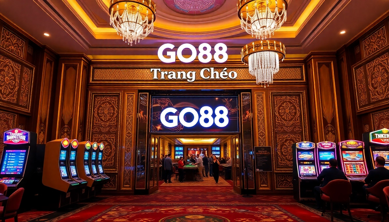 Excited players engaging with high-stakes gambling at Trang Chủ GO88, featuring luxurious casino entrance.