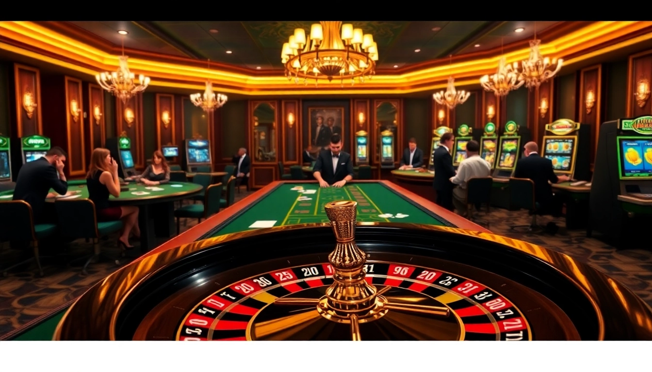 Bets being placed at the luxurious b52 club casino featuring poker tables and a roulette wheel.