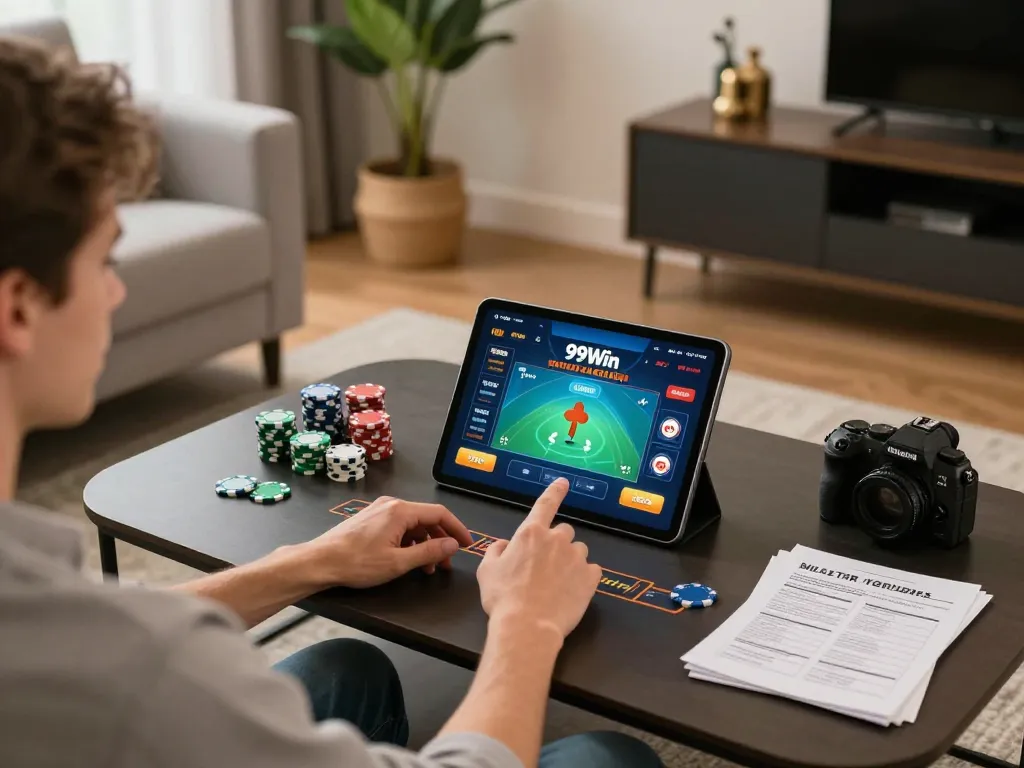 Player engaging with 99Win gaming app on a tablet, surrounded by poker strategies, in a cozy home setting