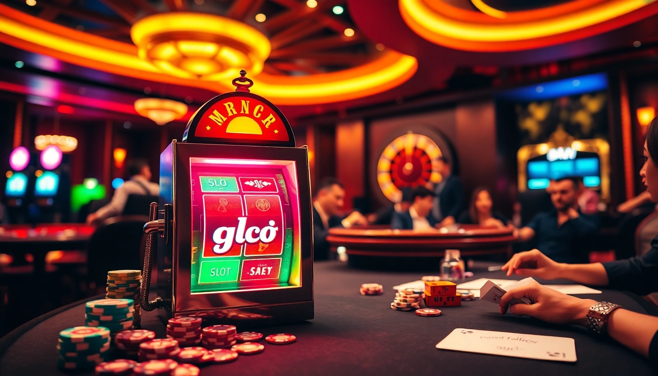 Players enjoying slot gacor machines in a vibrant casino atmosphere filled with excitement.