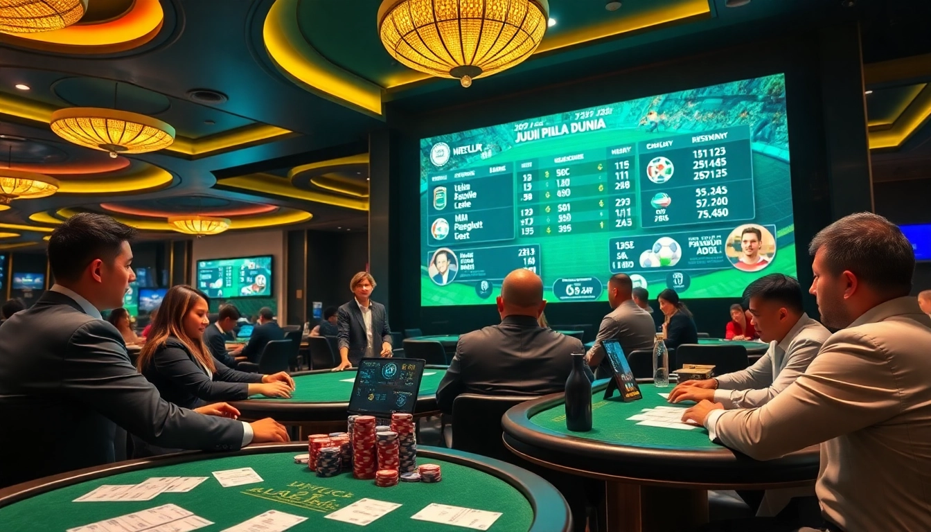 Experience exhilarating Judi Piala Dunia betting as gamblers place wagers in a luxurious casino setting.