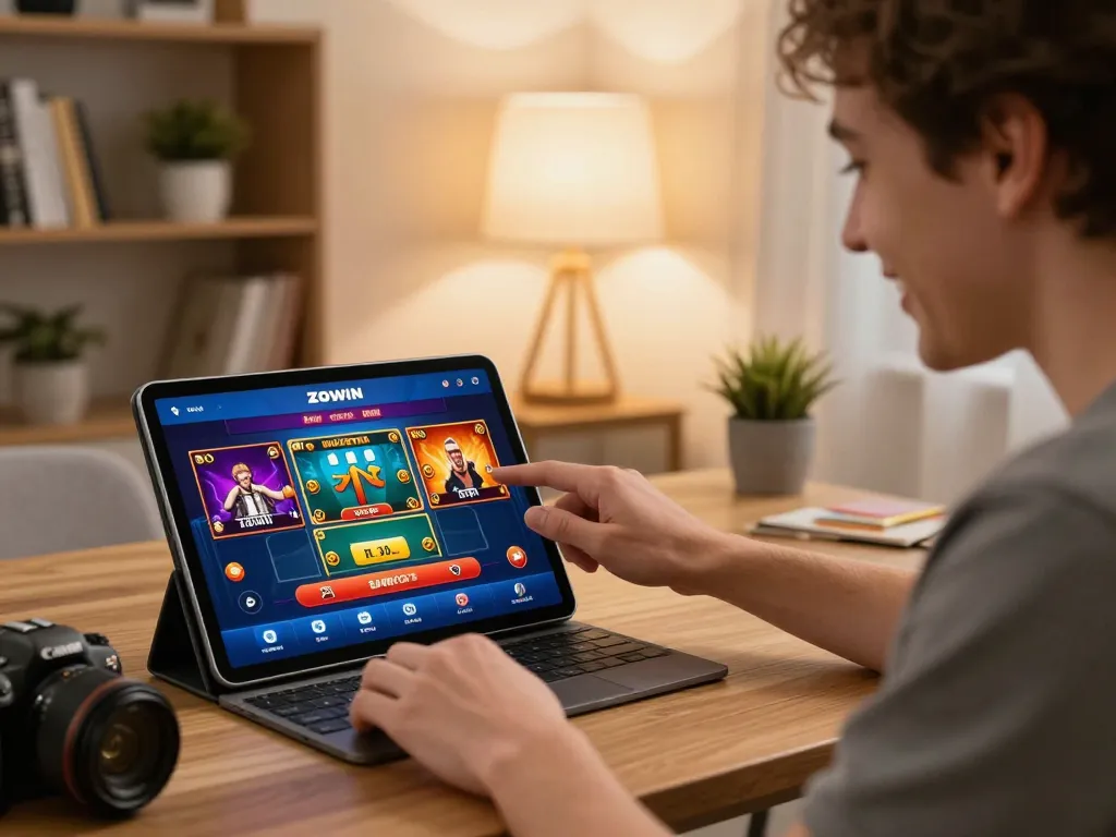 ZOWIN user engaging with online poker and slot games on tablet in a cozy home setting