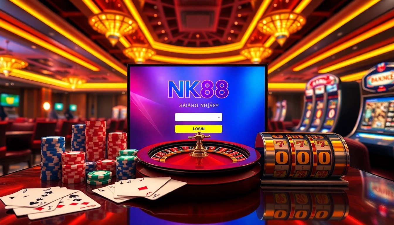 Engaging NK88 đăng nhập interface featuring vibrant casino elements like poker chips and roulette wheel