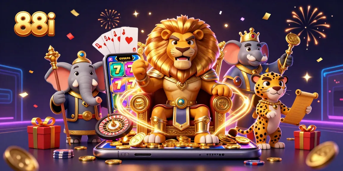 88i showcases an electric casino scene with a lion king, elephant advisor, and cheetah messenger, highlighted by rich gaming elements.