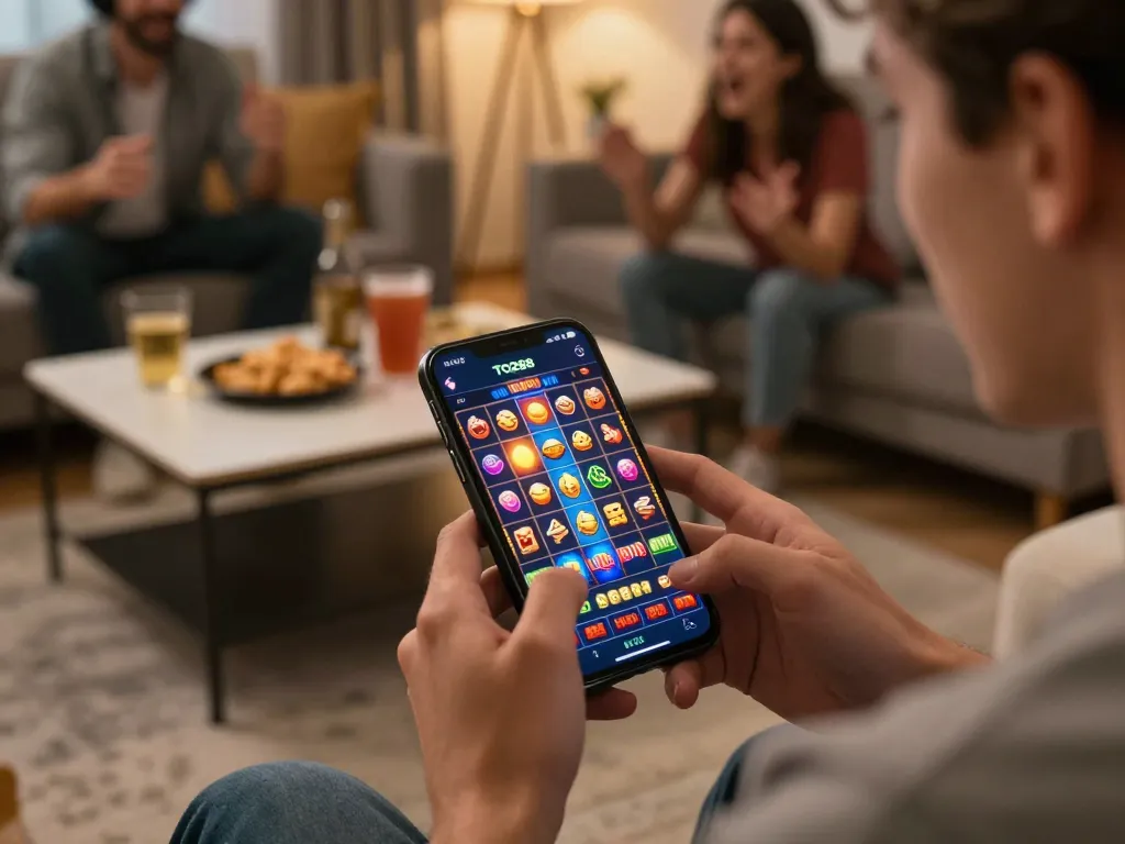 Playing the TO288 slot game on a smartphone, showcasing vibrant reels and engaging gameplay in a cozy home.