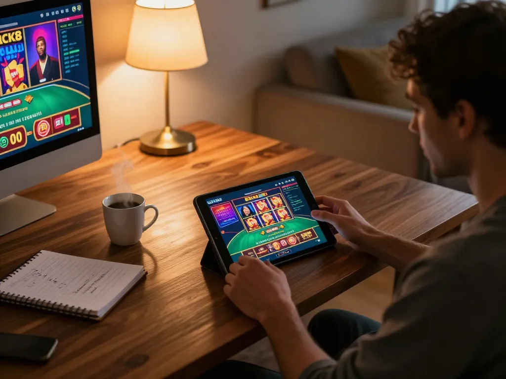 Luck8 users engaging with mobile app on a modern desk, illustrating responsible online gambling.