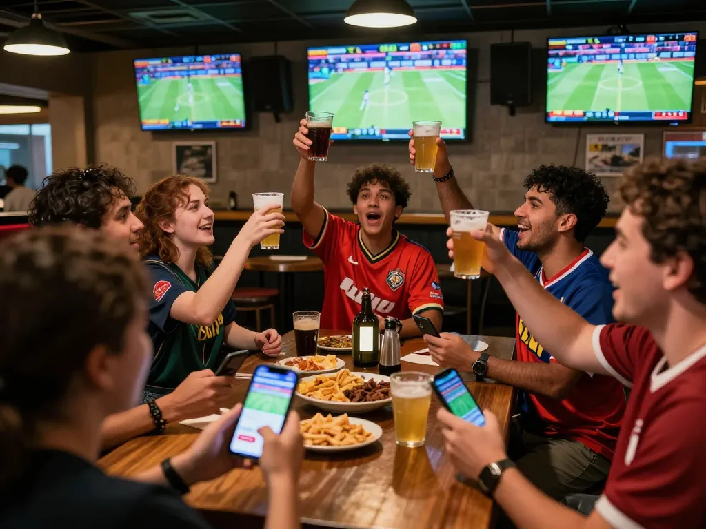 Tỷ lệ kèo nhà cái hôm nay reviewed by excited sports bettors in a lively bar setting.