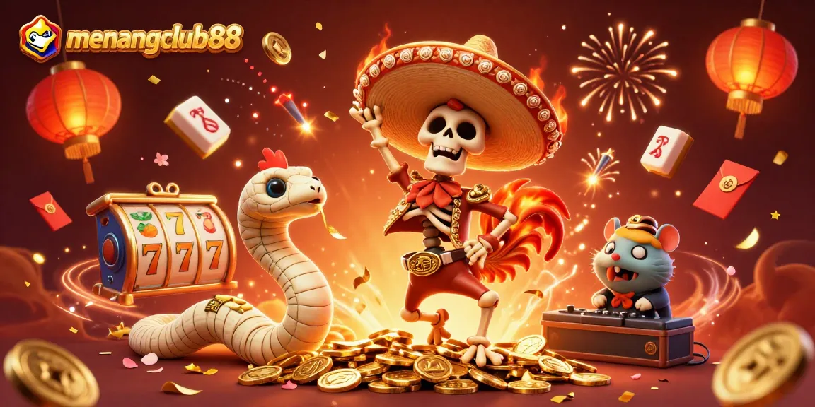 menangclub88 features a victory dance celebration with vibrant casino symbols and 3D characters.