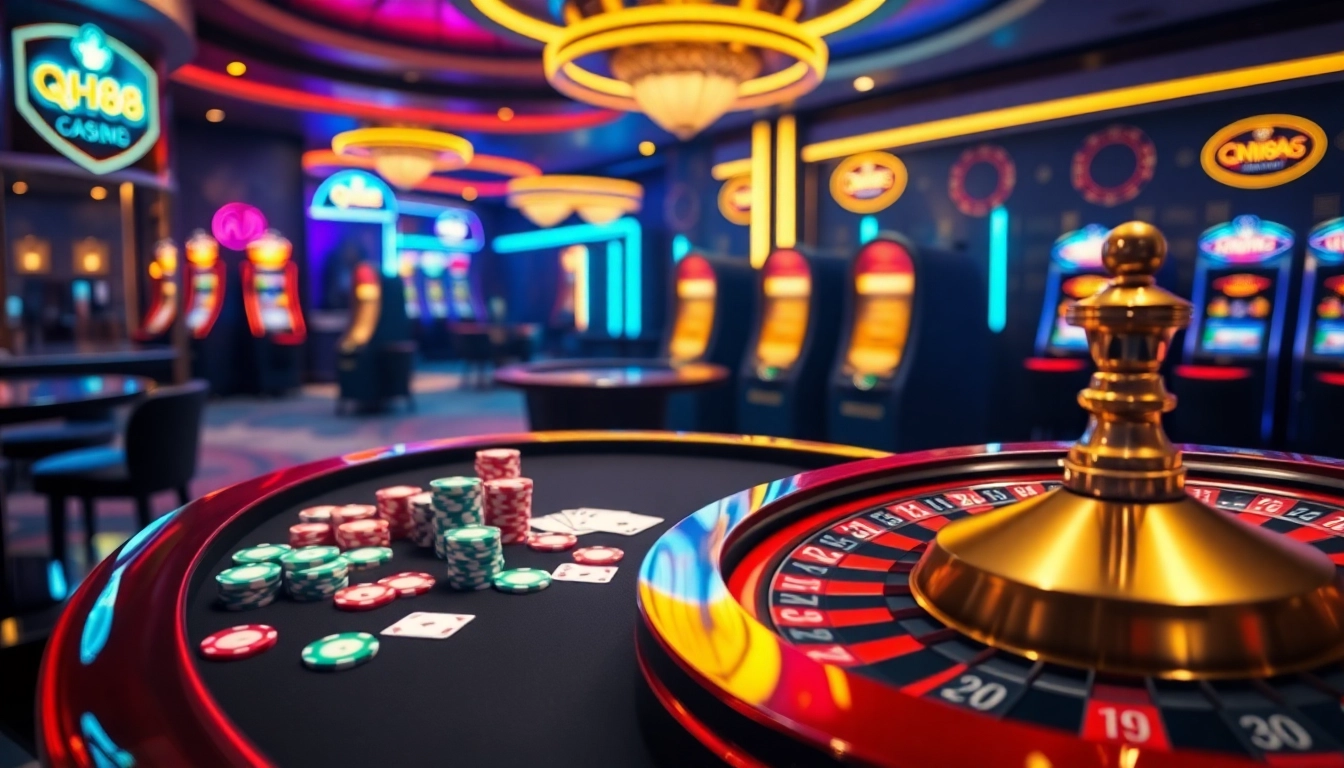 Experience the excitement of QH88 with luxurious casino visuals featuring poker chips and a roulette wheel.