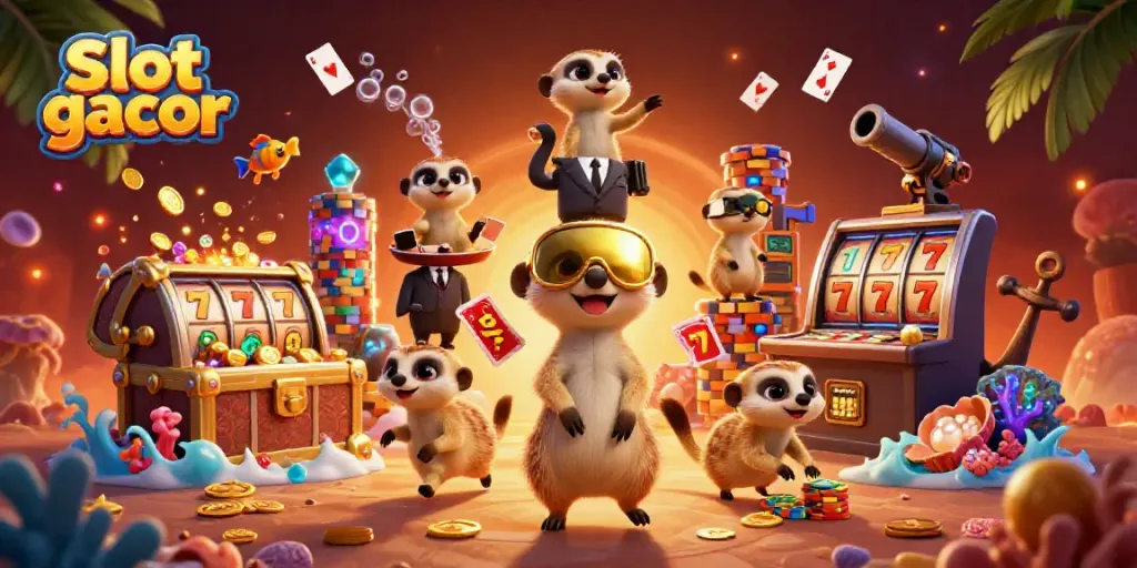 Temukan slot gacor hari ini dalam ilustrasi 3D lucu dengan meerkat di kasino tropis penuh harta.
