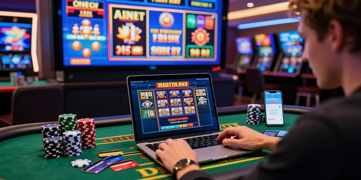 Playing at credit card casinos at https://dea.org.uk, vibrant casino scene with games and deposits.