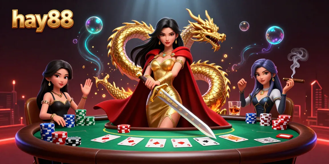 Experience thrilling wins at hay88 with striking Asian warrior queen in a vibrant casino scene, showcasing poker excitement.