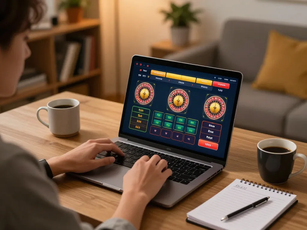 UrbanChandy player engaging in online casino roulette at home, showcasing strategy notes and warm ambiance
