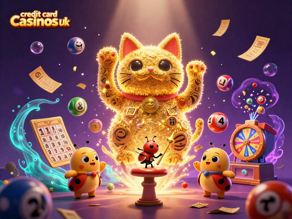 Engaging illustration of credit card casinos uk depicted by a golden lucky cat and vibrant casino symbols.