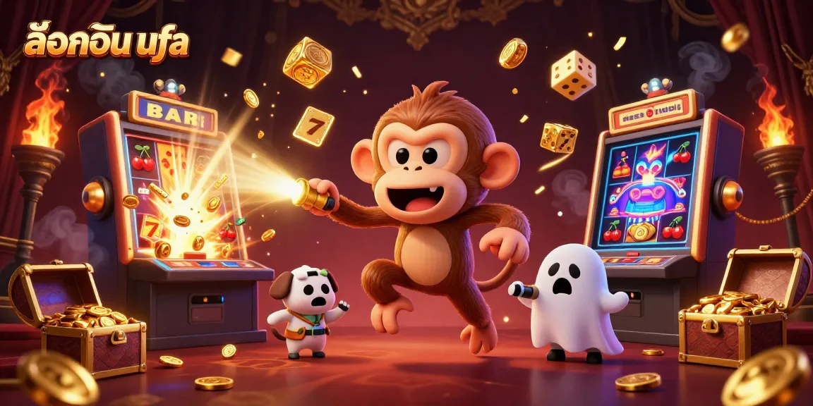 Experience the excitement of ล็อคอิน ufa with a playful poltergeist monkey and ghost-hunter puppy in a vibrant casino scene.
