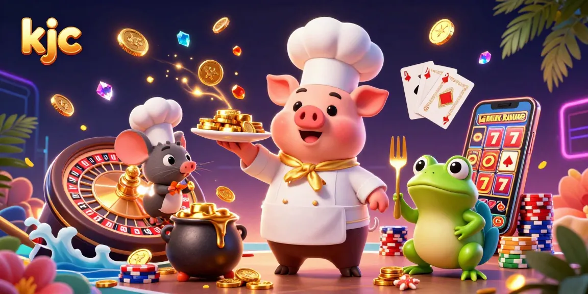 KJC interactive casino scene with a chef pig serving gold coins and a gaming ambiance.