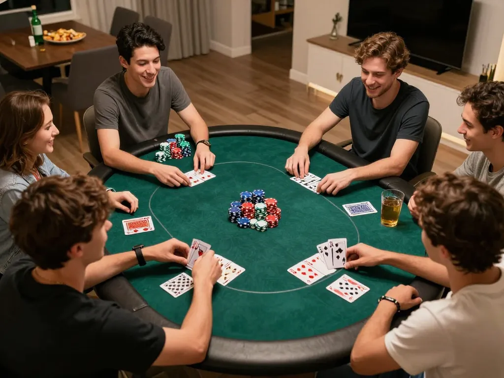Engaging home poker night scene showcasing players at a table with chips and cards, highlighting nhà cái 888NEW experience.