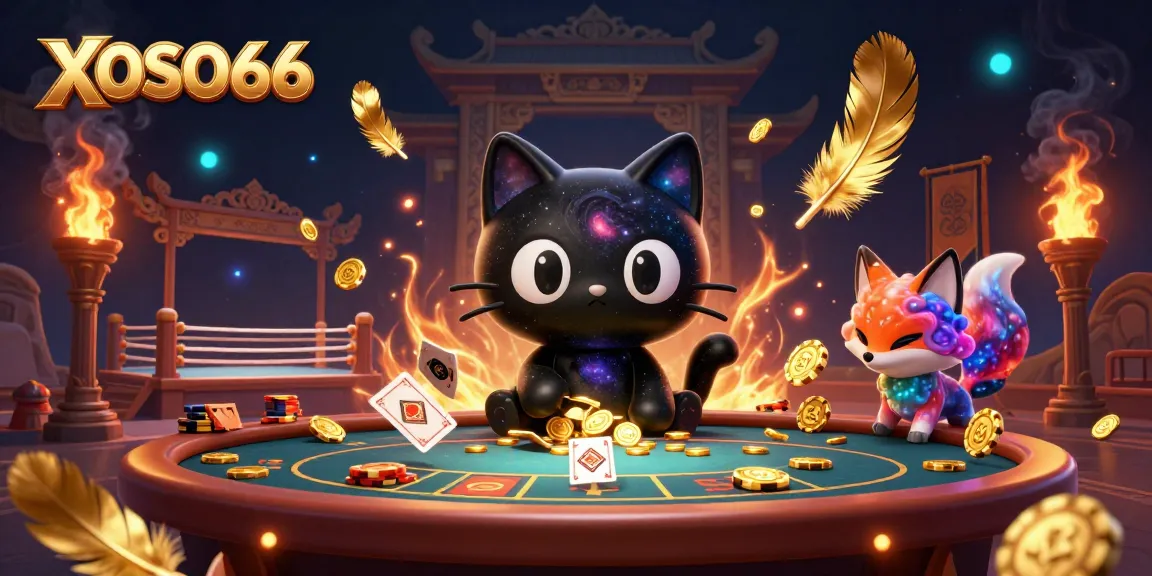 XOSO66 cat pulls in chips at an immersive cosmic casino with vibrant elements.