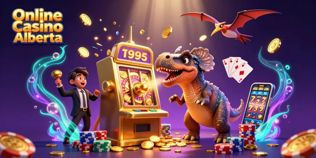 Engage in thrilling gameplay at Online Casino Alberta as dinosaurs celebrate jackpots with coins flying.