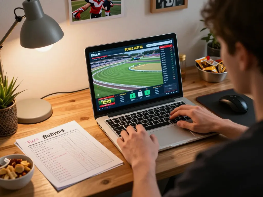 Oxbet online sports betting setup with player analyzing odds and strategizing in a cozy home office.
