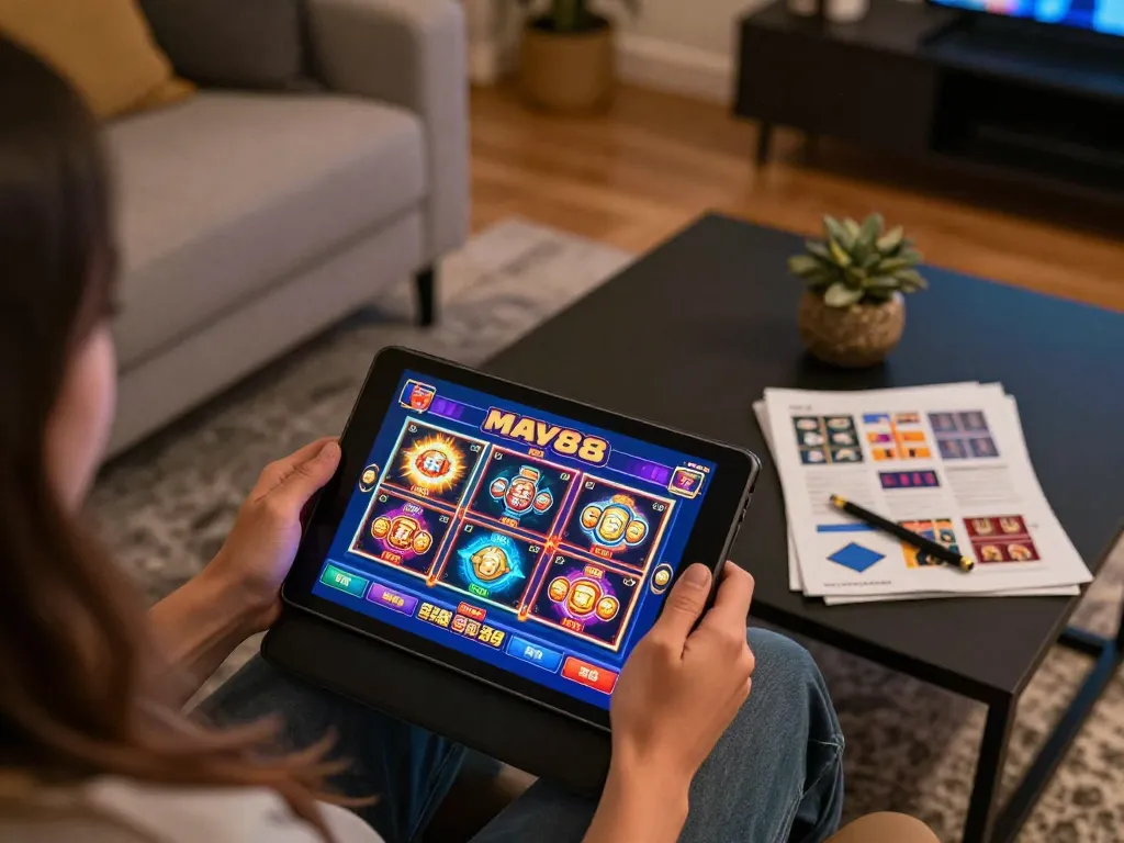 Engaging with the may88 app for online slots, showing vibrant graphics and cozy home setup