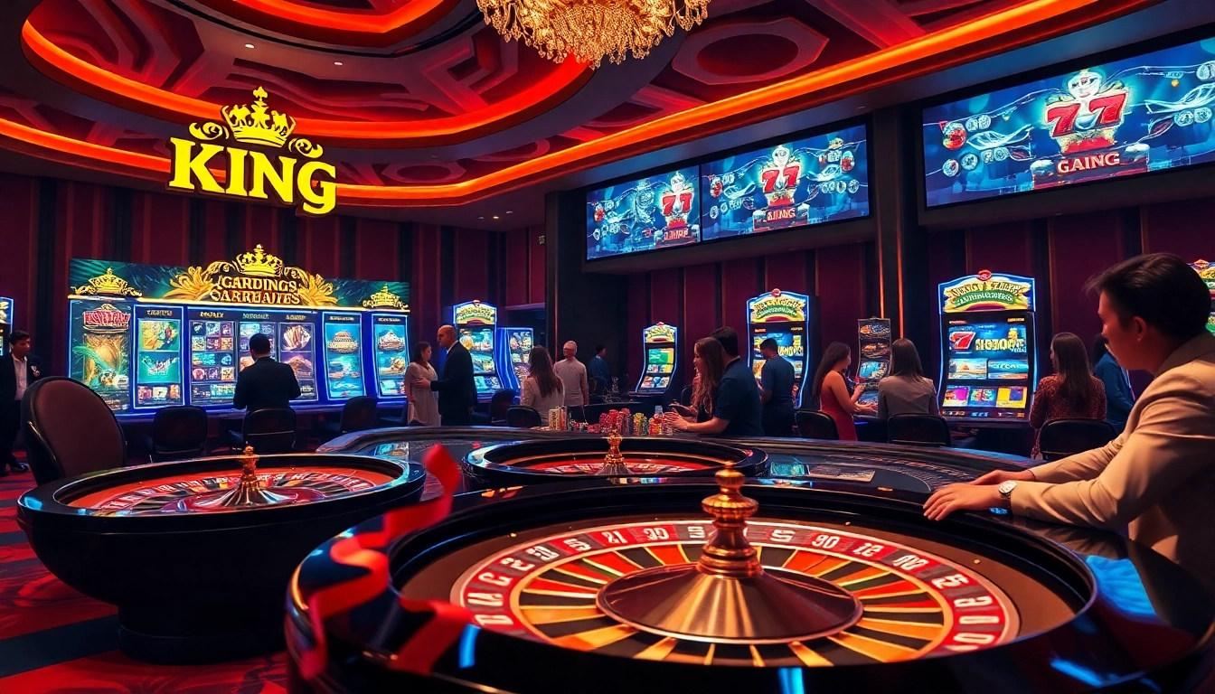 Players enjoy a thrilling experience at king garuda138 casino, featuring a lively roulette wheel and vibrant gaming tables.