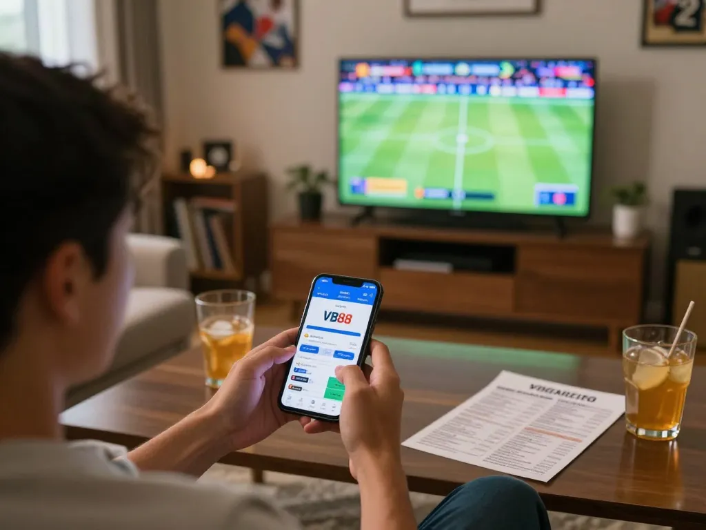 Engaging sports betting at home with smartphone app VB88 showing live odds and games