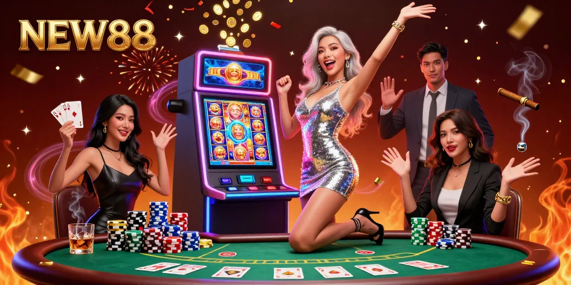 Experience the thrill at NEW88 with a stunning celebration scene of slot machines and poker
